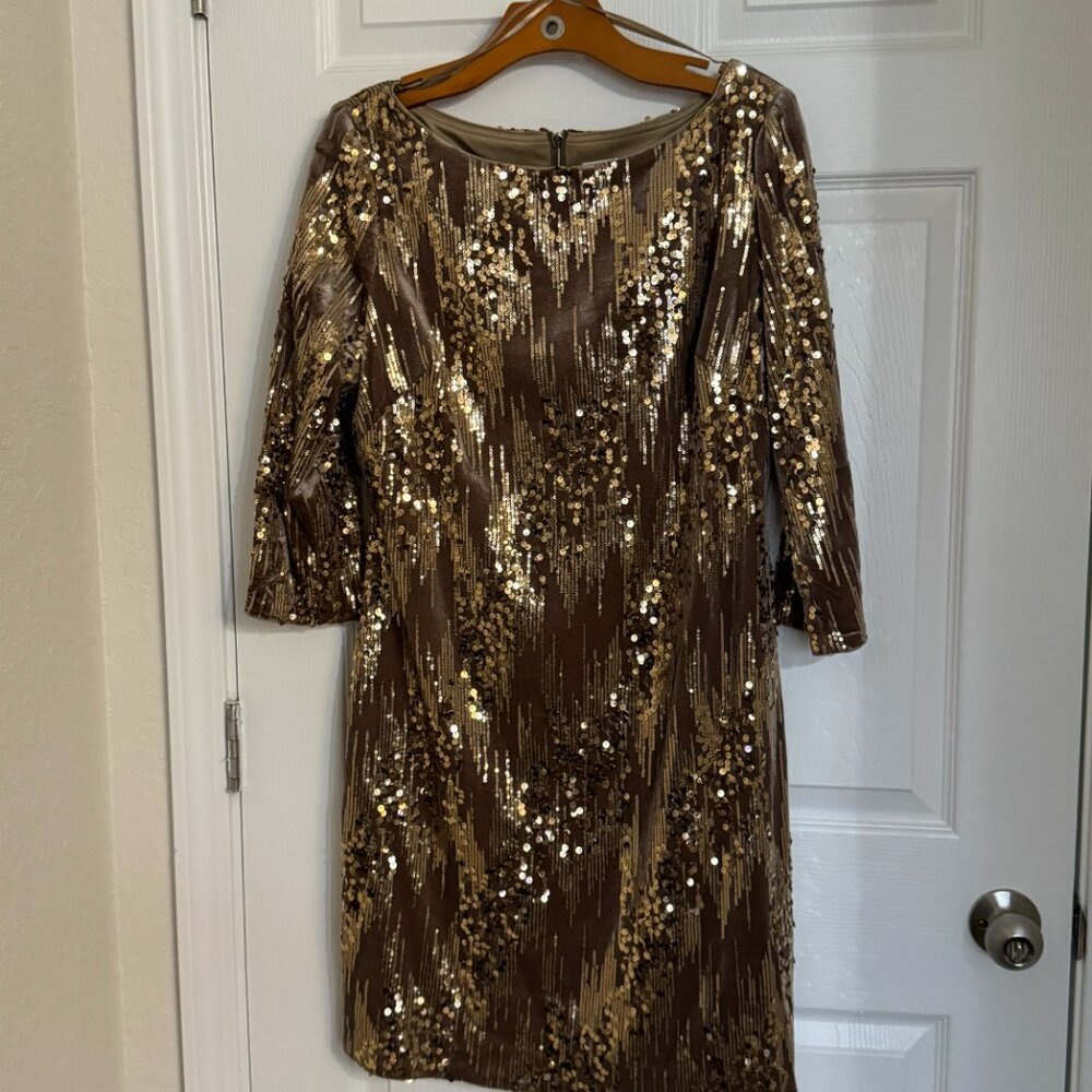 Eliza J Taupe Velvet & Gold Sequin Geometric Sheath Dress Size 14